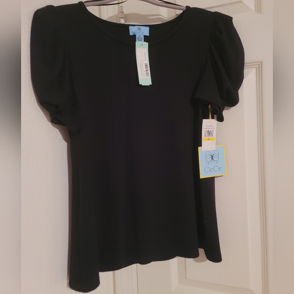 CeCe Black Puff Sleeve Short Sleeve Top, Medium